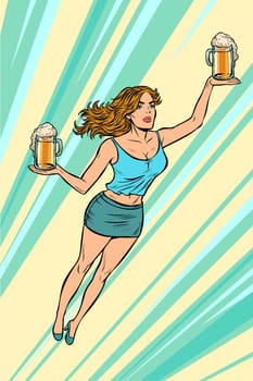 waitress carries beer flying superhero help. Pop art retro vector illustration vintage kitsch