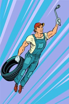 man mechanic tire. flying superhero help. Pop art retro vector illustration vintage kitsch