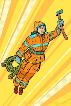 fireman, firefighter flying superhero help. Pop art retro vector illustration vintage kitsch