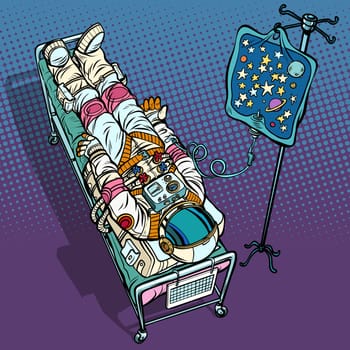Star fever. Astronaut under medical dropper. Connected to the universe. Pop art retro vector illustration vintage kitsch