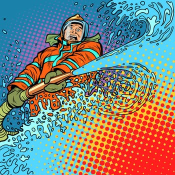 firefighter puts out fire with water. Pop art retro vector illustration vintage kitsch
