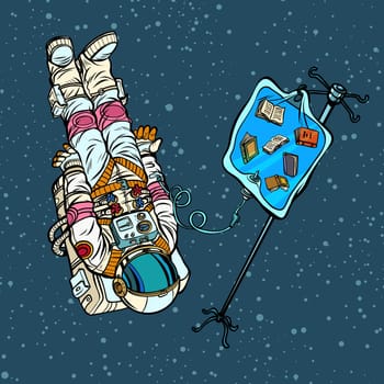 Books, science and knowledge. Astronaut under medical dropper. Pop art retro vector illustration vintage kitsch