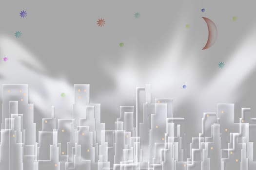 Symbolic composition. White city panorama. Stars and crescent in the sky