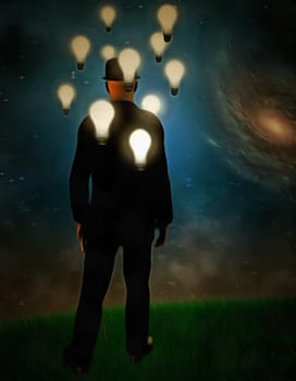Surreal painting. Man in suit - Entrepreneur. Light bulbs around his head represents ideas.