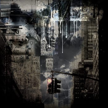 Surreal urban composition. Downtown in muted colors with abstract elements