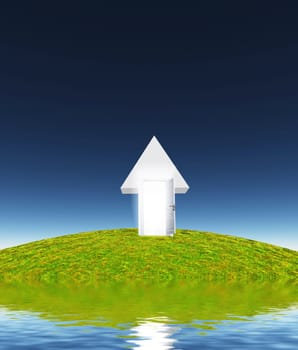 Island of white portal. Arrow with open door points toward sky