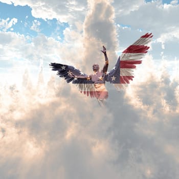 Surrealism. Angel in US national colors flies in the cloudy sky.