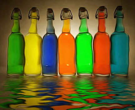 Modern art. Colorful bottles reflects in the water.