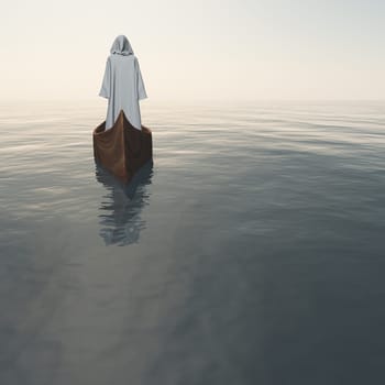 Monk in white cloak floats in boat.