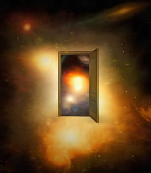 Surrealism. Door to another dimension in colorful space.