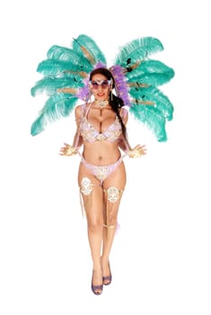 A young gorgeous woman wearing a colorful carnival outfit with big.feather, high heels and jewellery, isolated for white background.
