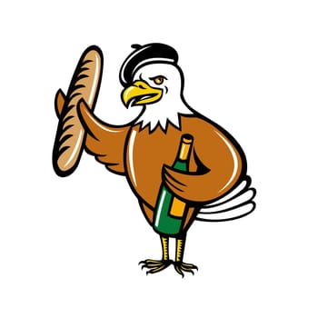 Cartoon style illustration of an American eagle mascot wearing a French beret and holding a baguette in one wing and bottle of wine standing viewed from front.