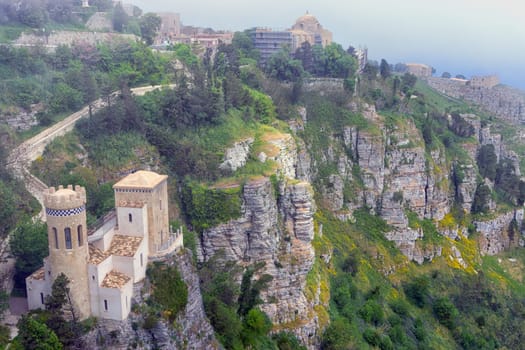 View of the Pepoli Turret in  Erice on the top of Mount Erice, Italy.