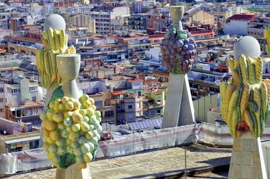 Sculptures on the roof of the Sagrada Familia cathedral in Barcelona, Spain.