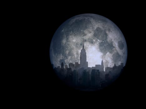 City silhouettes reflects the moon.