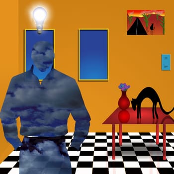 Imaginary room. Black cat flowers in vase on red table. Man silhouette with light bulb.