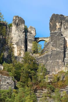 Bastei bridge between the rocks of the Elbe Sandstone Mountains