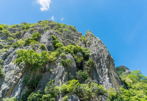 Stone or rock mountain or hill with green tree and blue sky and water and cloud at Khao Dang canal Prachuap Khiri Khan Thailand. Landscape or .scenery summer concept for boat trip