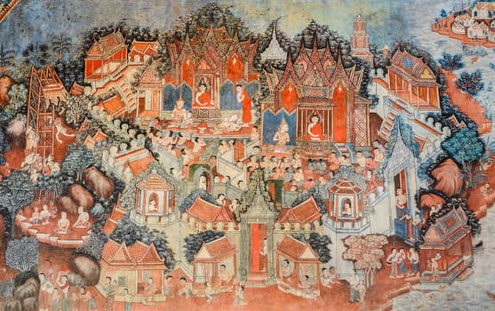 PHATTHALUNG, THAILAND - APRIL 30, 2016 : Ancient Buddhist temple mural painting of the life of Buddha inside of Wat Wang in Phatthalung province ,Thailand