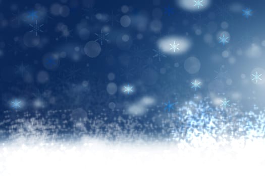 Abstract blurred festive winter christmas or Happy New Year background with shiny blue and white bokeh lighted snow landscape. Space for your design. Card concept.