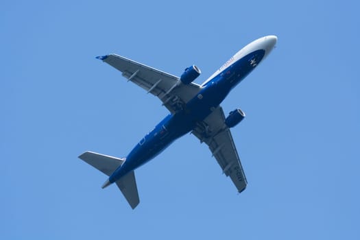 RATINGEN, NRW, GERMANY - AUGUST 28, 2018:.Passenger plane landing on the Dusseldorf airport