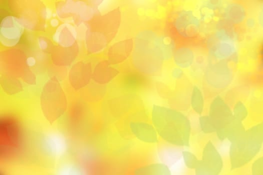Abstract autumn gradient yellow green bright background texture with leaves and bokeh circles. Space. Card design.
