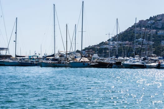 PORT ANDRATX, SPAIN - JUNE 01, 2016:.View of the Bay of Port Andratx Mallorca Baleares Spain. In the background motor boats and sailboats.