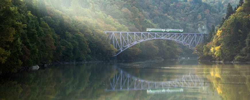 Autumn fall foliage Fukushima First Bridge View Point daiichi kyouryou in Mishima Fukushima Japan panorama