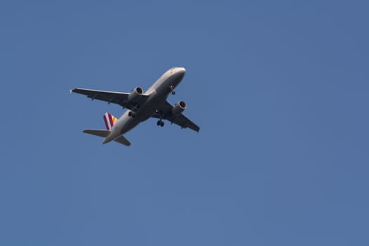 RATINGEN, NRW, GERMANY - AUGUST 28, 2018:.Passenger plane landing on the Dusseldorf airport