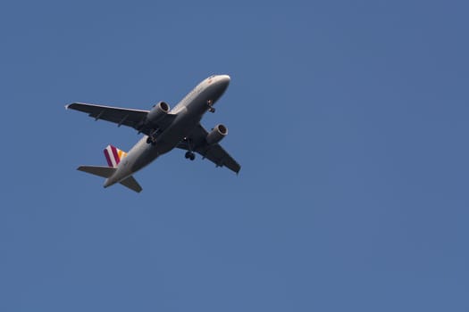 RATINGEN, NRW, GERMANY - AUGUST 28, 2018:.Passenger plane landing on the Dusseldorf airport