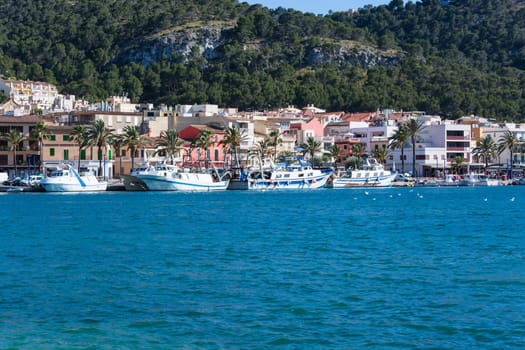 PORT ANDRATX, SPAIN - JUNE 01, 2016:.View of the Bay of Port Andratx Mallorca Baleares Spain. In the background motor boats and sailboats.