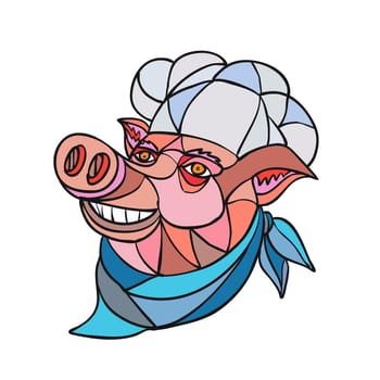 Mosaic low polygon style illustration of head of a pig pork wearing cook, baker, chef hat looking up on isolated white background in color.