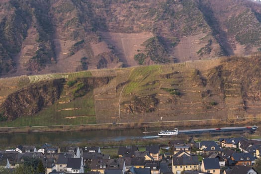 MOSELTAL, GERMANY - MARCH 26, 2016:.Panoramic view over the Moselle valley in the background the vineyards and the River Moselle.