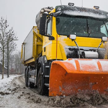 Snowplow removes snow off icy road in winter