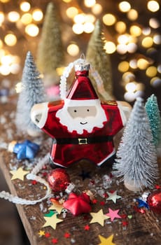 Colorful festive decorations for Christmas with a happy Santa Claus