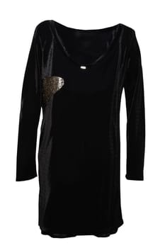 Festive elegant black lace evening dress with golden ornaments isolated on white background. New collection fashion women.