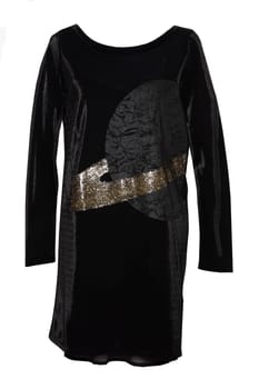 Festive elegant black lace evening dress with golden ornaments isolated on white background. New collection fashion women.