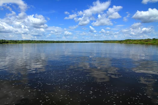 The middle of the Nile river in Uganda as seen from a river cruise boat in Murchison Falls National Park