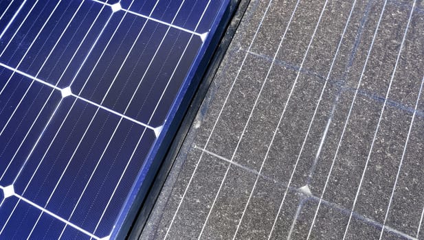 Photovoltaic system contaminated with pollen, cleaning with water, before - after effect.