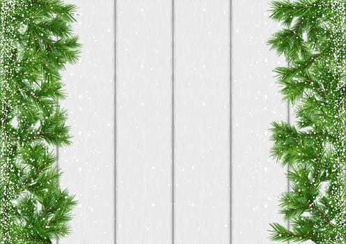 Christmas Snow-covered Branches on a White Wooden Background with Copy Space - Colored Illustration, Vector