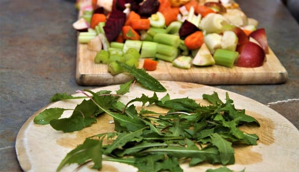 Chopped vegetables and fruit on wood boards ready for processing
