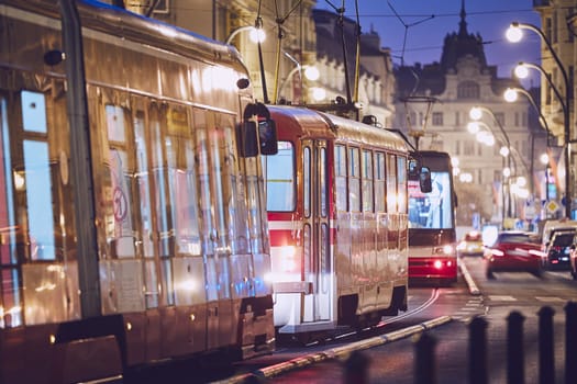 Tram in traffic jam in downtown of Prague, Czech Republic.