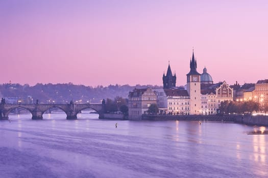Old Town with Charles Bridge at colorful sunrise. Prague, Czech Republic.