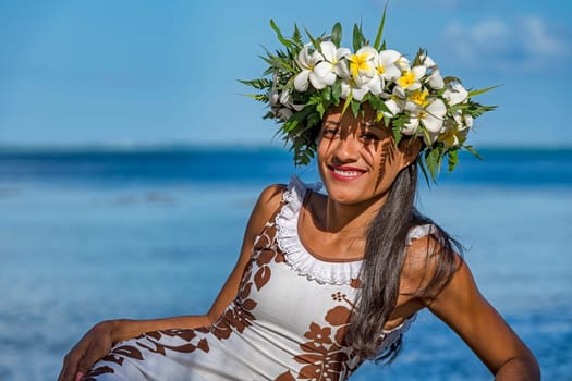 Young woman with a wreath of flowers from Frangipani,Raiatea,French Polynesia  Corrected version