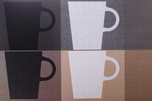 Coffee cups background. Top view of details of printed coffee cups with seamless pattern on plastic.