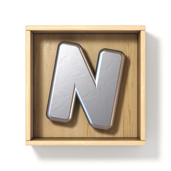 Silver metal letter N in wooden box 3D render illustration isolated on white background