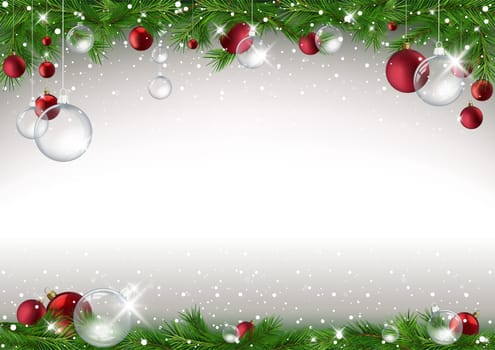Christmas Background with Branches and Christmas Balls and Falling Snow - Colored Illustration