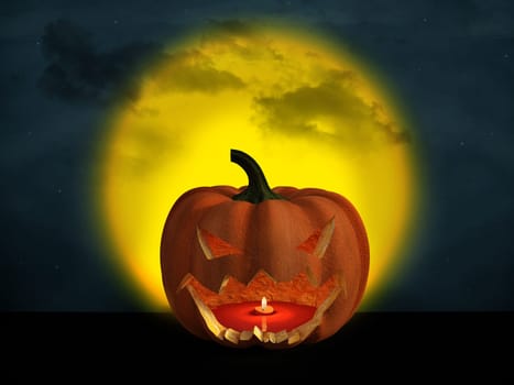 3D rendering of a halloween pumpkin at night with a big yellow moon in the background and a starry cloudy sky.