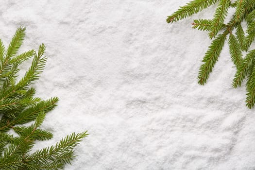 Fir-tree branches on a snow background with copy space. Top view. Christmas and New Year. Winter holiday