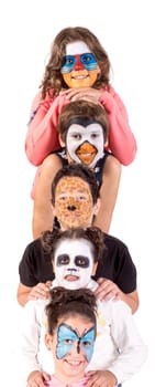 Children's group with animal face-paint isolated in white